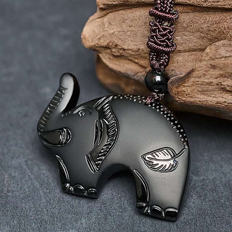 Elephant Symbol Carved Design Black Obsidian Strength Necklace Pendant