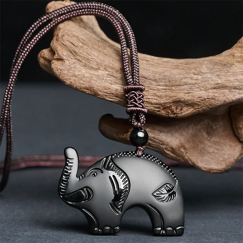 Elephant Symbol Carved Design Black Obsidian Strength Necklace Pendant