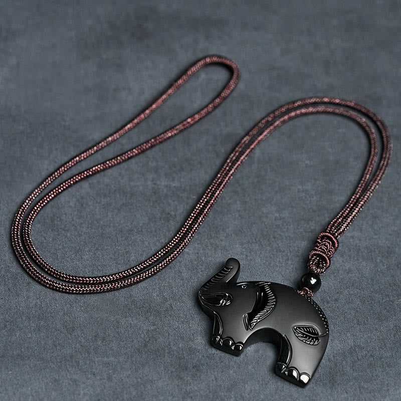 Elephant Symbol Carved Design Black Obsidian Strength Necklace Pendant