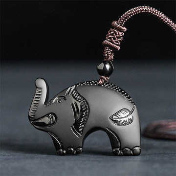 Elephant Symbol Carved Design Black Obsidian Strength Necklace Pendant