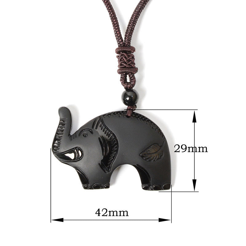 Elephant Symbol Carved Design Black Obsidian Strength Necklace Pendant