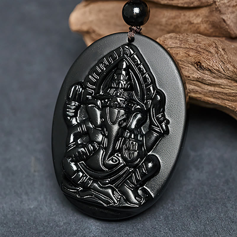 Ganesh Elephant Relief Design Natural Black Obsidian Strength Necklace Pendant