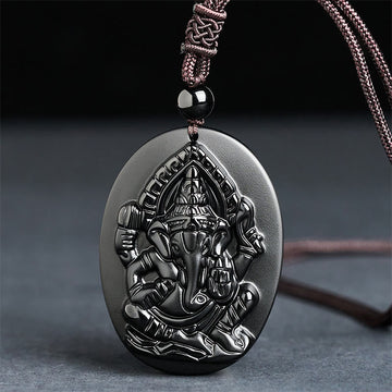 Ganesh Elephant Relief Design Natural Black Obsidian Strength Necklace Pendant