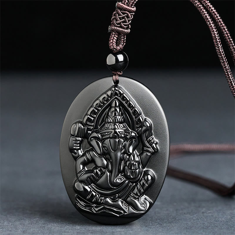 Ganesh Elephant Relief Design Natural Black Obsidian Strength Necklace Pendant