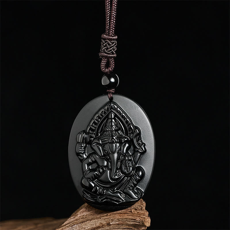 Ganesh Elephant Relief Design Natural Black Obsidian Strength Necklace Pendant