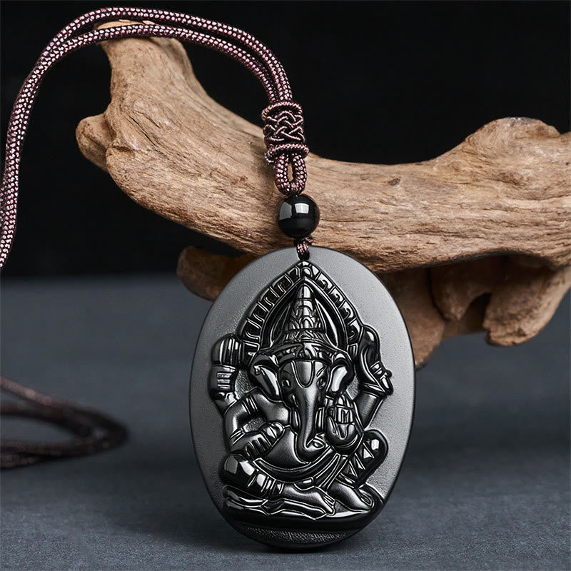 Ganesh Elephant Relief Design Natural Black Obsidian Strength Necklace Pendant