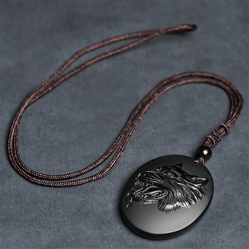 Wolf Head Natural Black Obsidian Strength Necklace Pendant