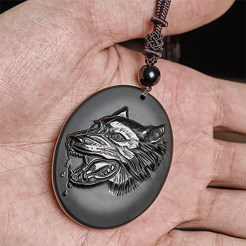 Wolf Head Natural Black Obsidian Strength Necklace Pendant