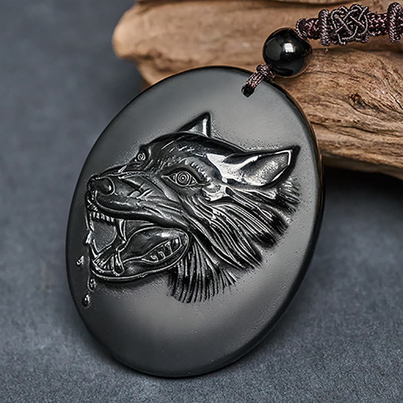 Wolf Head Natural Black Obsidian Strength Necklace Pendant