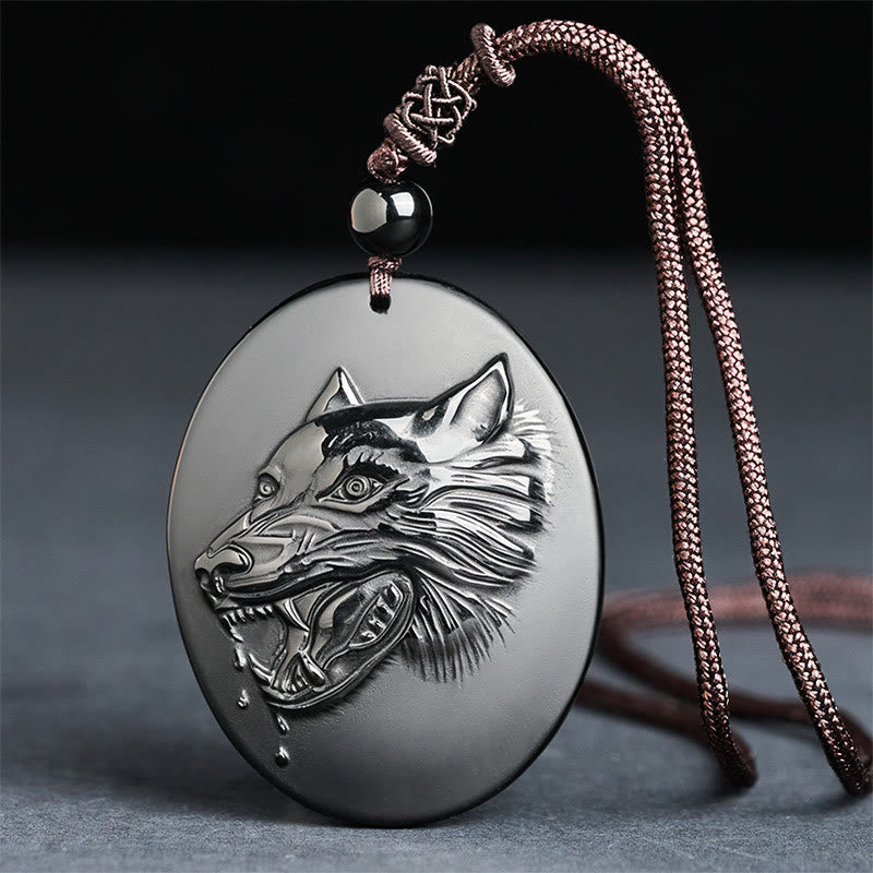 Wolf Head Natural Black Obsidian Strength Necklace Pendant