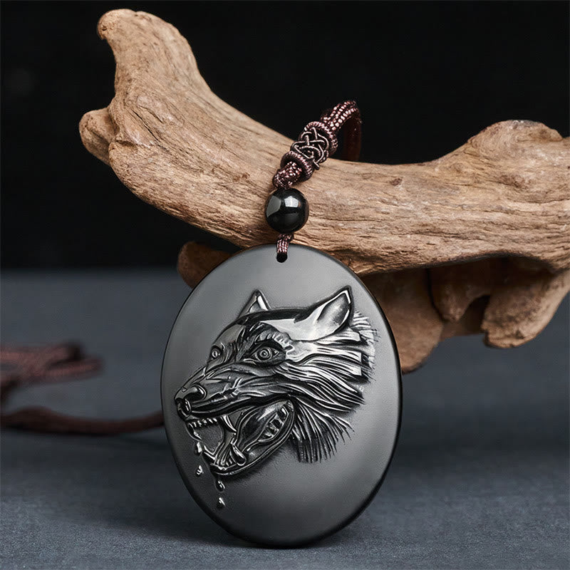 Wolf Head Natural Black Obsidian Strength Necklace Pendant