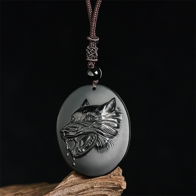 Wolf Head Natural Black Obsidian Strength Necklace Pendant