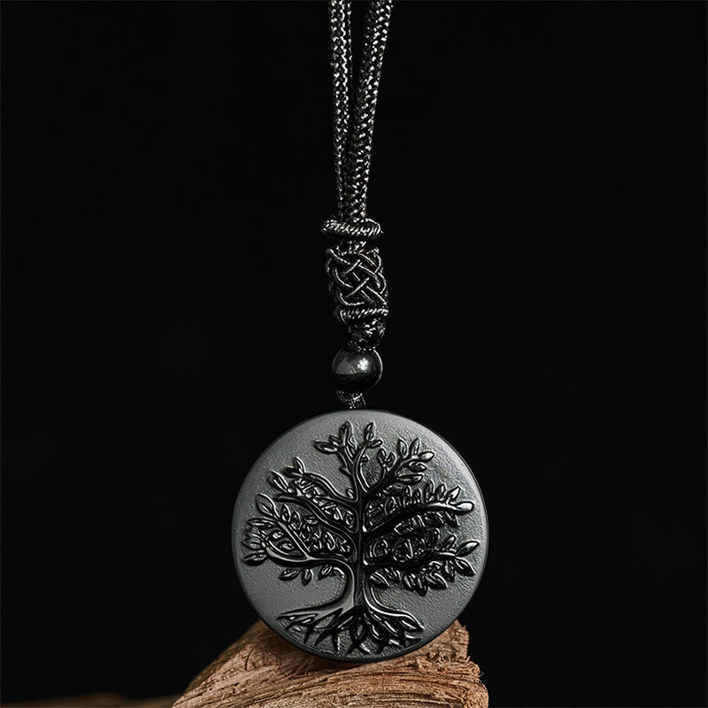 Natural The Tree of Life Pattern Black Obsidian Transformation Necklace Pendant