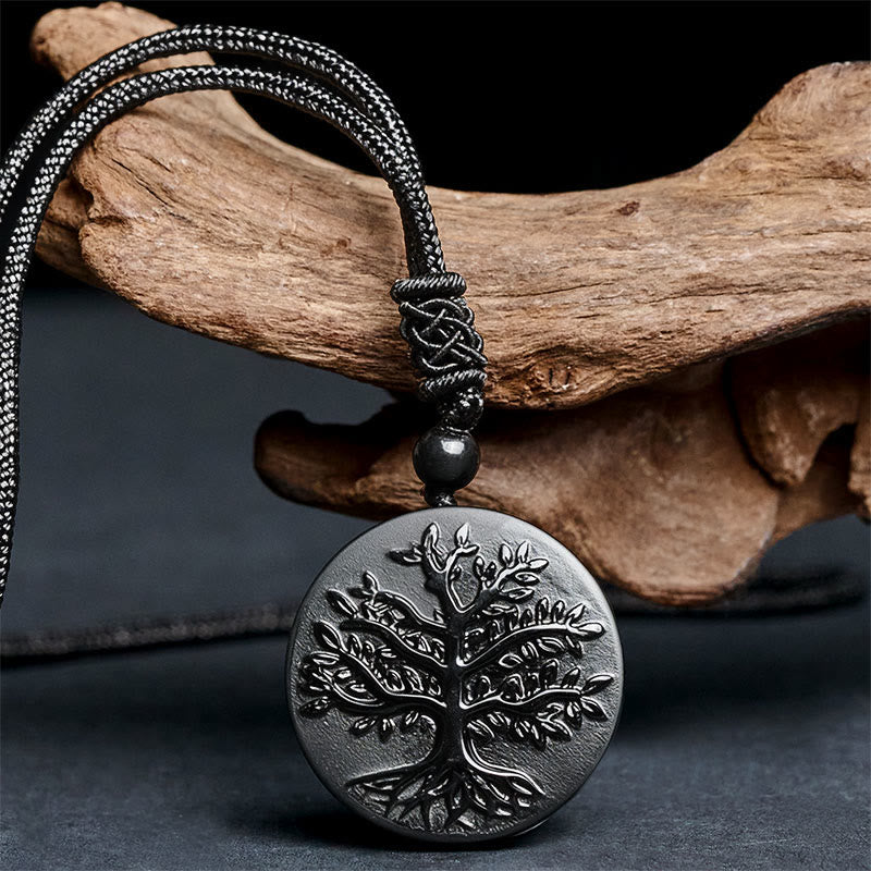 Natural The Tree of Life Pattern Black Obsidian Transformation Necklace Pendant