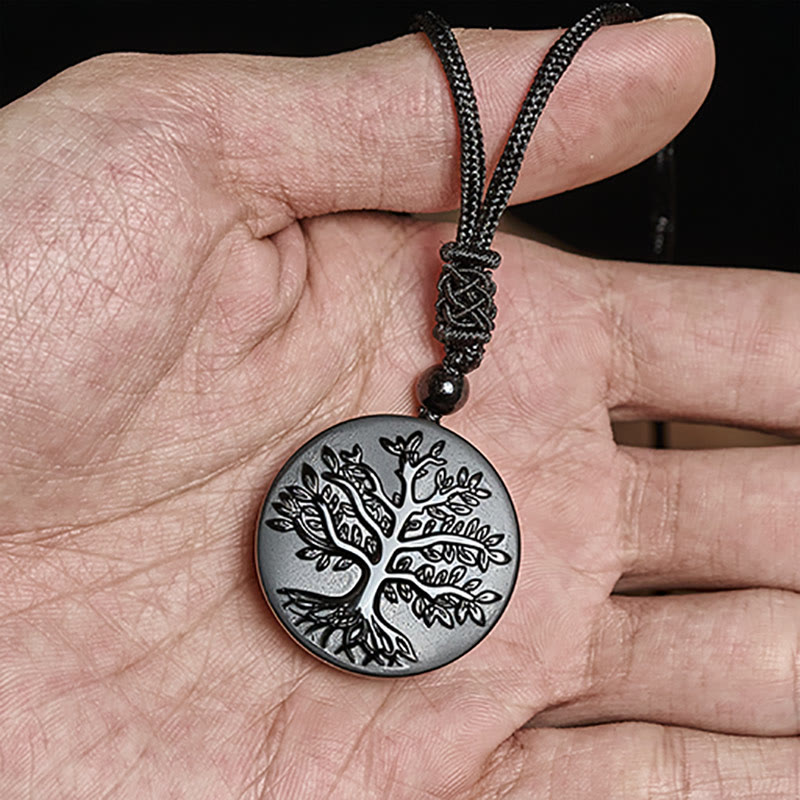 Natural The Tree of Life Pattern Black Obsidian Transformation Necklace Pendant