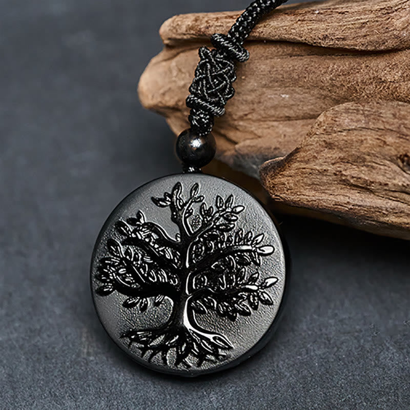 Natural The Tree of Life Pattern Black Obsidian Transformation Necklace Pendant