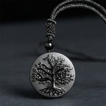 Natural The Tree of Life Pattern Black Obsidian Transformation Necklace Pendant