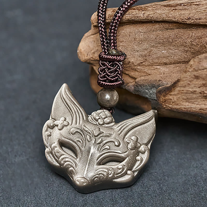 Relief Fox Design Silver Sheen Obsidian Ice Obsidian Protection Necklace Pendant