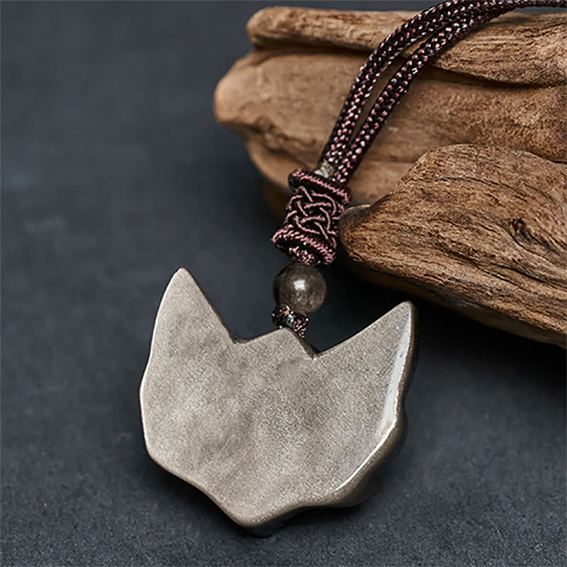Relief Fox Design Silver Sheen Obsidian Ice Obsidian Protection Necklace Pendant