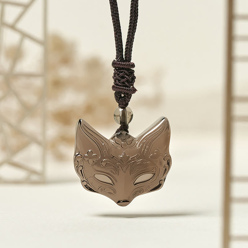 Relief Fox Design Silver Sheen Obsidian Ice Obsidian Protection Necklace Pendant