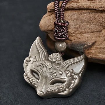Relief Fox Design Silver Sheen Obsidian Ice Obsidian Protection Necklace Pendant