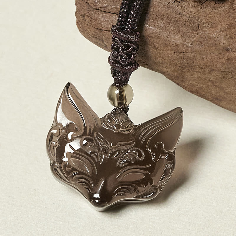 Relief Fox Design Silver Sheen Obsidian Ice Obsidian Protection Necklace Pendant