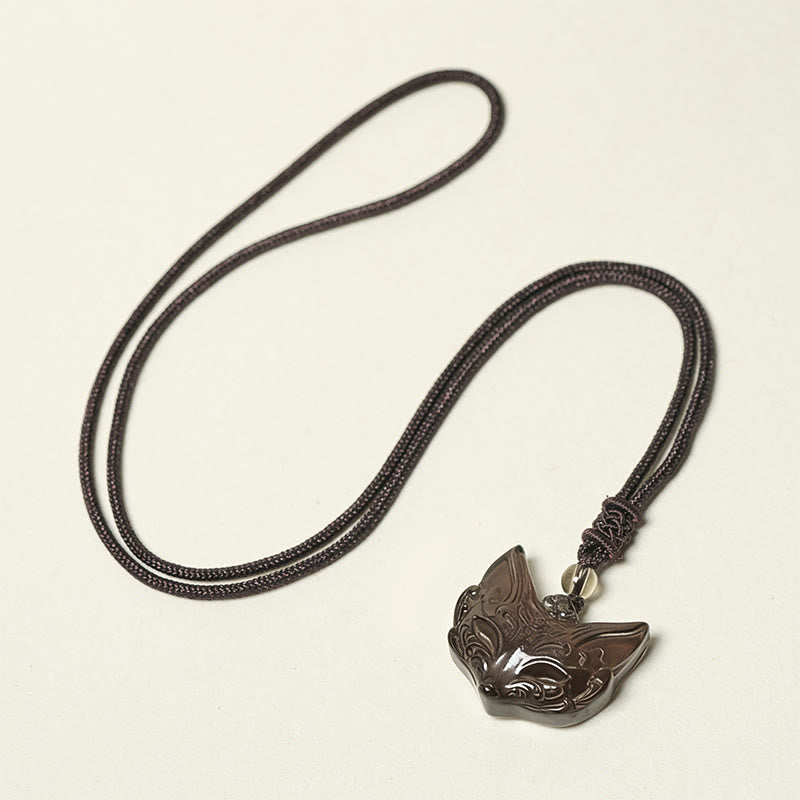 Relief Fox Design Silver Sheen Obsidian Ice Obsidian Protection Necklace Pendant