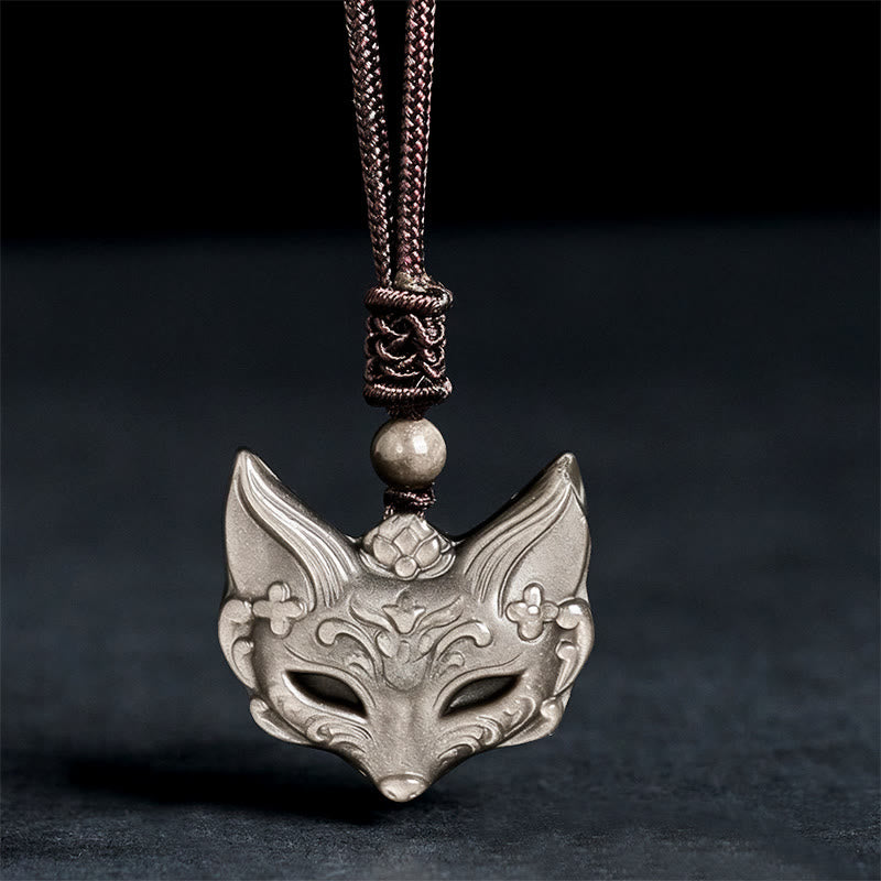 Relief Fox Design Silver Sheen Obsidian Ice Obsidian Protection Necklace Pendant