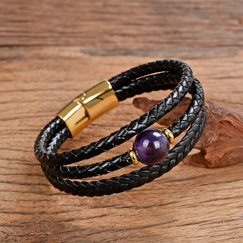Multicolored Bead Amethyst Lazurite Craved Six True Words Braided Leather Balance Bracelet
