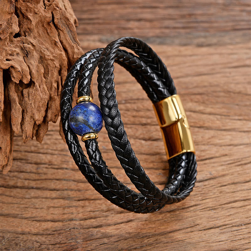 Multicolored Bead Amethyst Lazurite Craved Six True Words Braided Leather Balance Bracelet