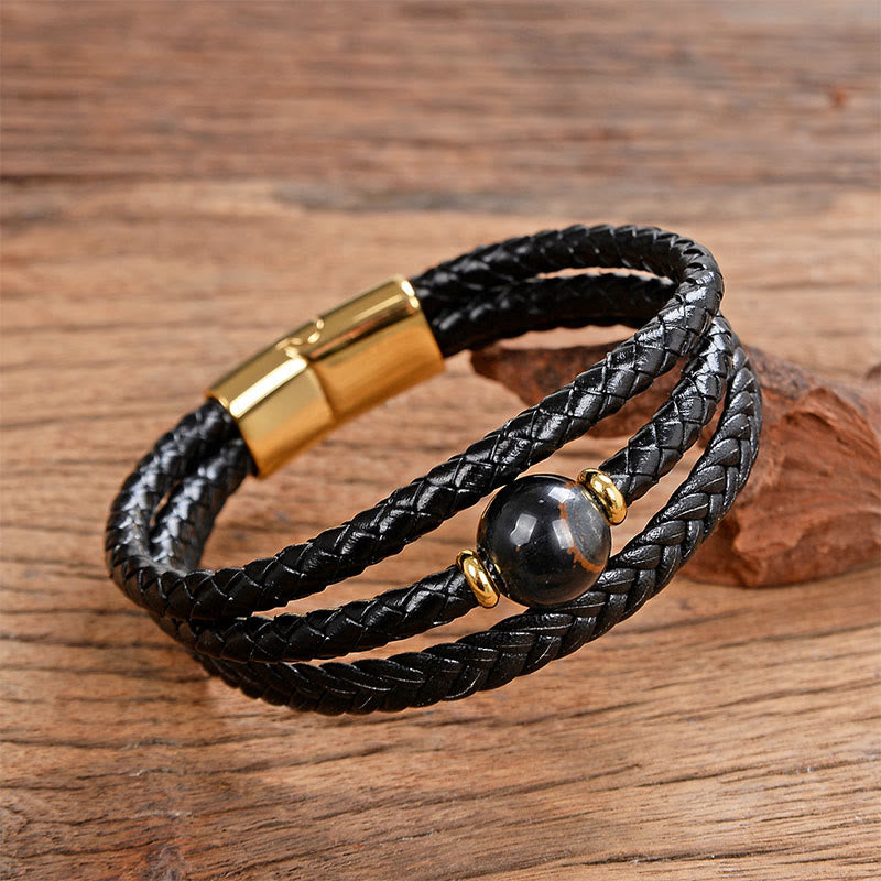 Multicolored Bead Amethyst Lazurite Craved Six True Words Braided Leather Balance Bracelet