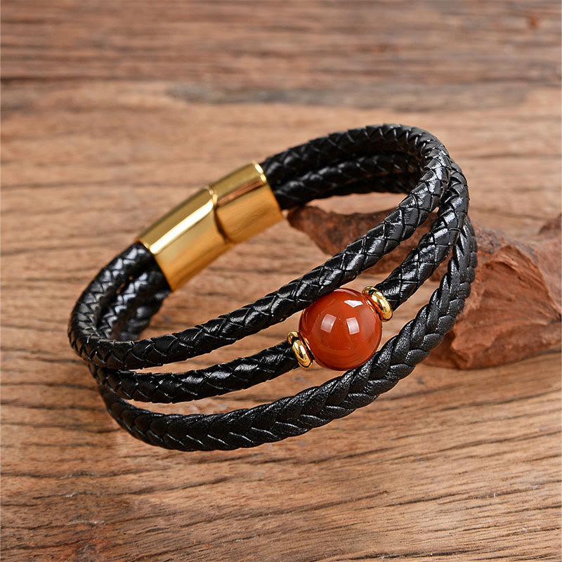 Multicolored Bead Amethyst Lazurite Craved Six True Words Braided Leather Balance Bracelet