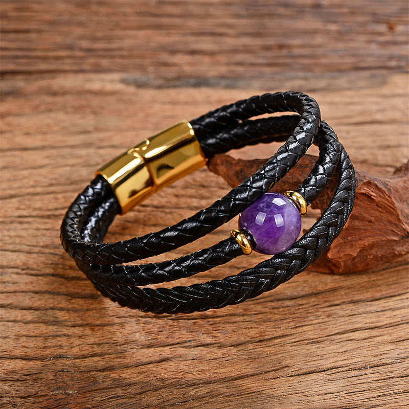 Multicolored Bead Amethyst Lazurite Craved Six True Words Braided Leather Balance Bracelet