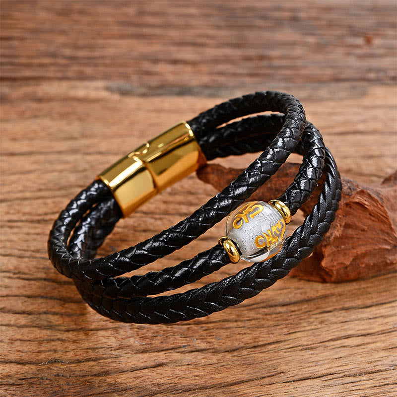 Multicolored Bead Amethyst Lazurite Craved Six True Words Braided Leather Balance Bracelet