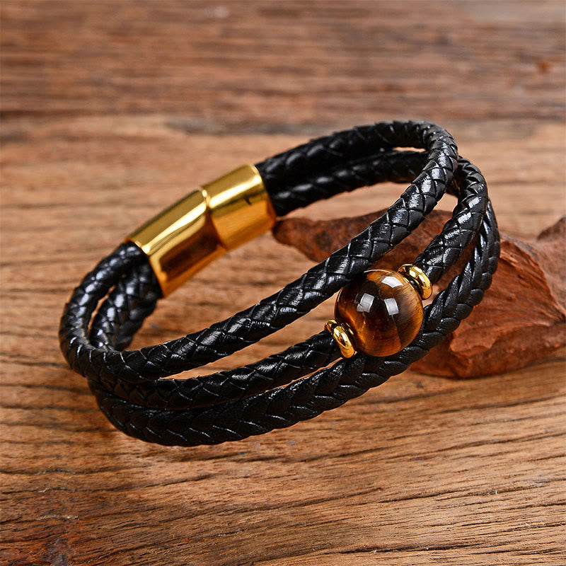 Multicolored Bead Amethyst Lazurite Craved Six True Words Braided Leather Balance Bracelet