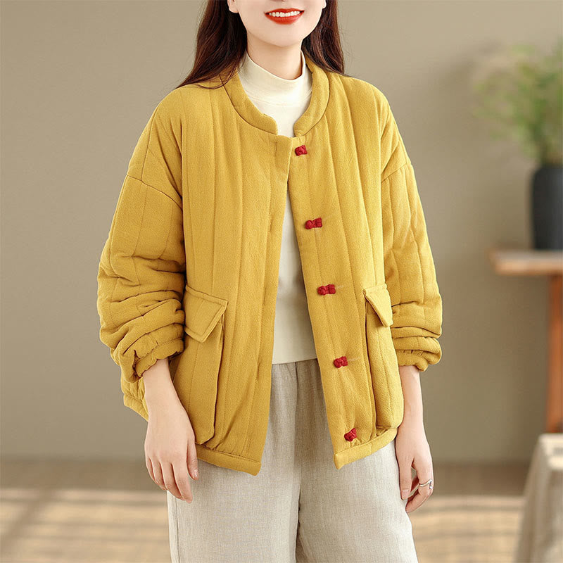 Frog-Button Striped Design Long Sleeve Thickened Cotton Women's Jacket With Pockets