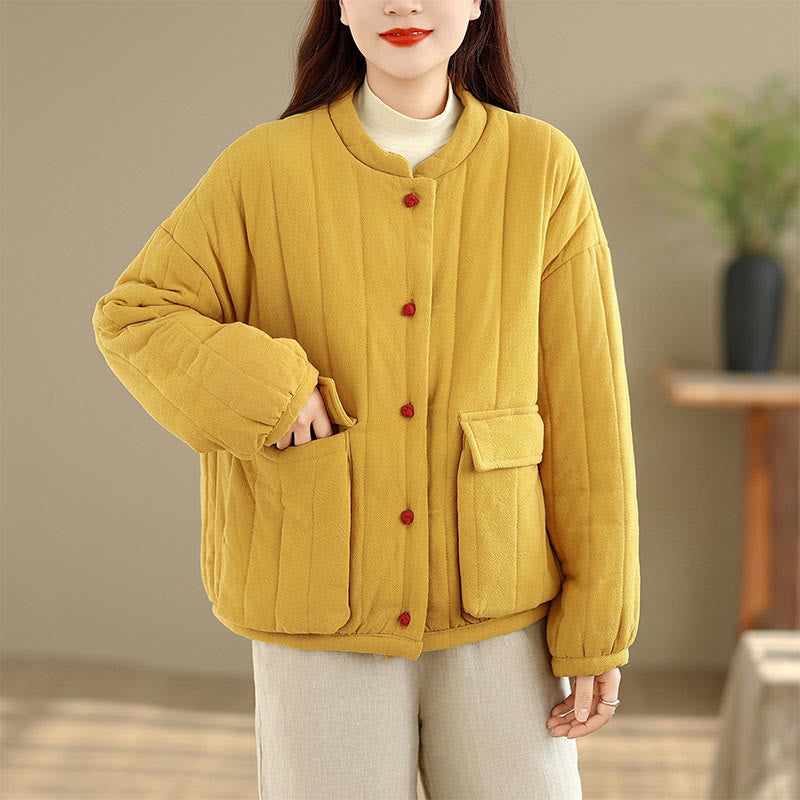 Frog-Button Striped Design Long Sleeve Thickened Cotton Women's Jacket With Pockets