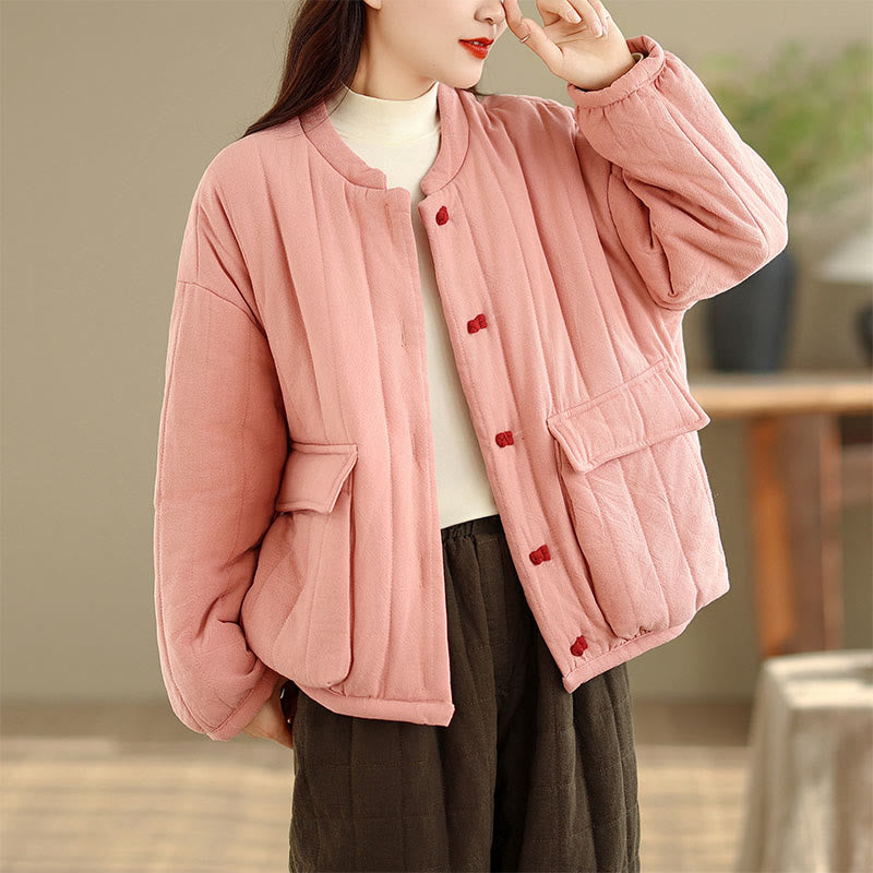 Frog-Button Striped Design Long Sleeve Thickened Cotton Women's Jacket With Pockets