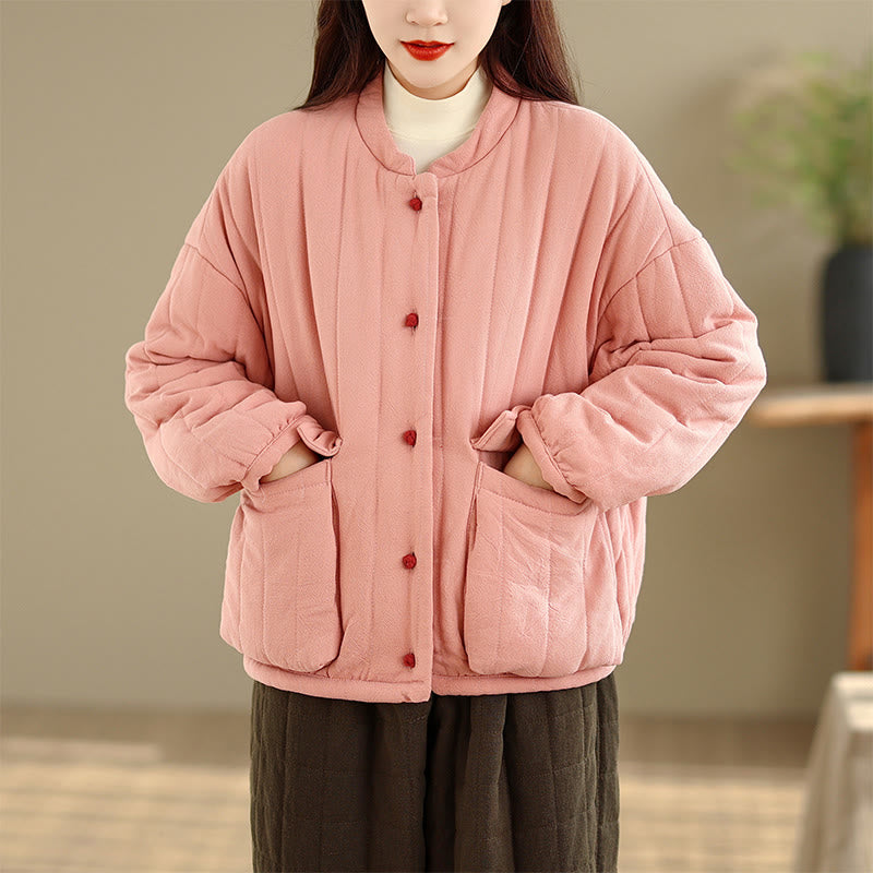 Frog-Button Striped Design Long Sleeve Thickened Cotton Women's Jacket With Pockets