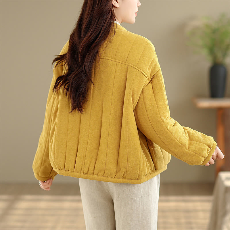Frog-Button Striped Design Long Sleeve Thickened Cotton Women's Jacket With Pockets