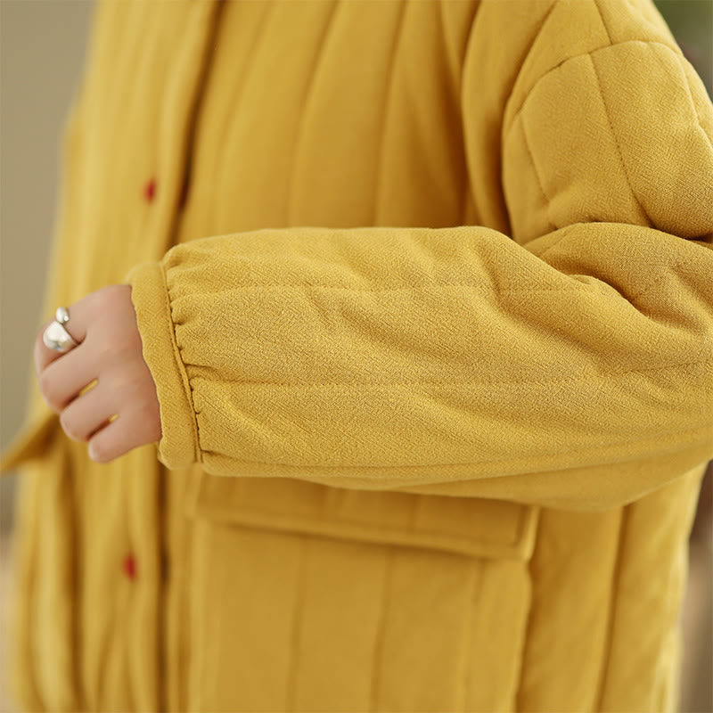 Frog-Button Striped Design Long Sleeve Thickened Cotton Women's Jacket With Pockets