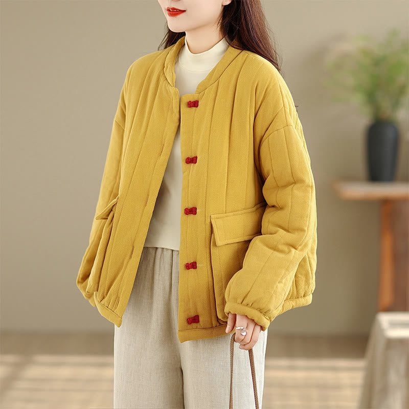 Frog-Button Striped Design Long Sleeve Thickened Cotton Women's Jacket With Pockets