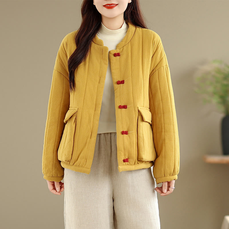 Frog-Button Striped Design Long Sleeve Thickened Cotton Women's Jacket With Pockets