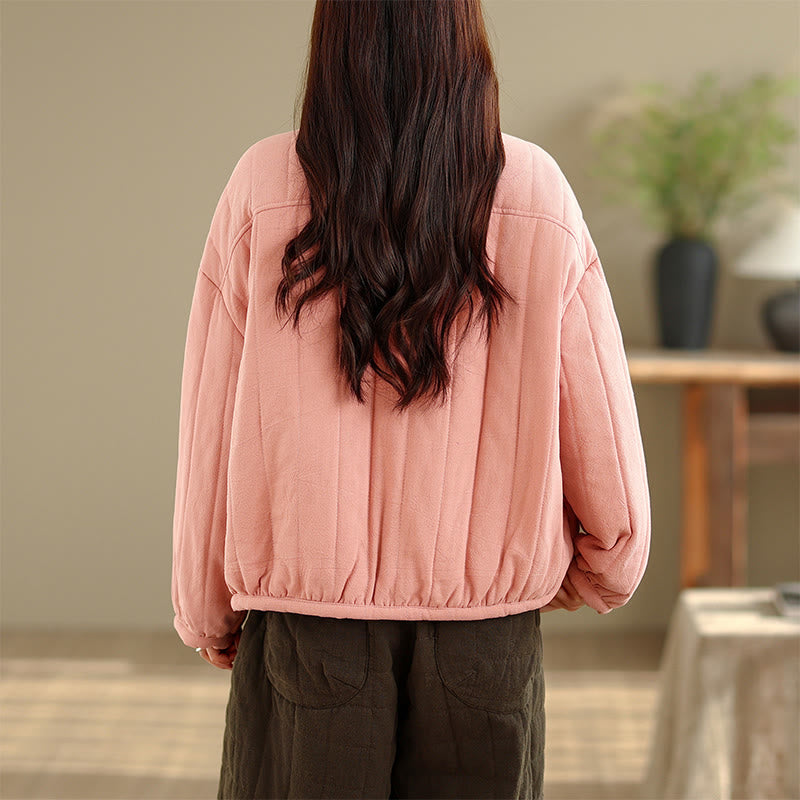 Frog-Button Striped Design Long Sleeve Thickened Cotton Women's Jacket With Pockets