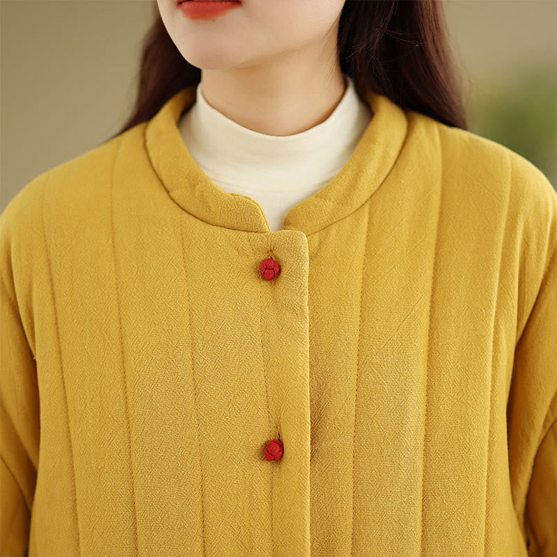 Frog-Button Striped Design Long Sleeve Thickened Cotton Women's Jacket With Pockets