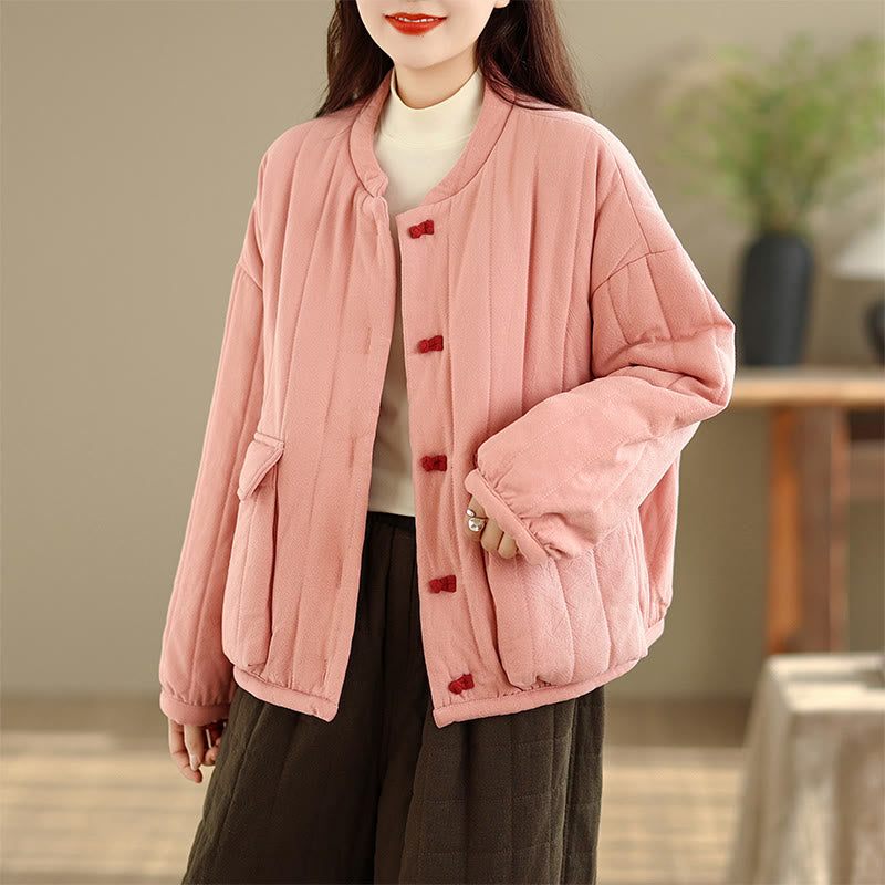 Frog-Button Striped Design Long Sleeve Thickened Cotton Women's Jacket With Pockets