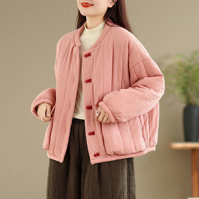 Frog-Button Striped Design Long Sleeve Thickened Cotton Women's Jacket With Pockets