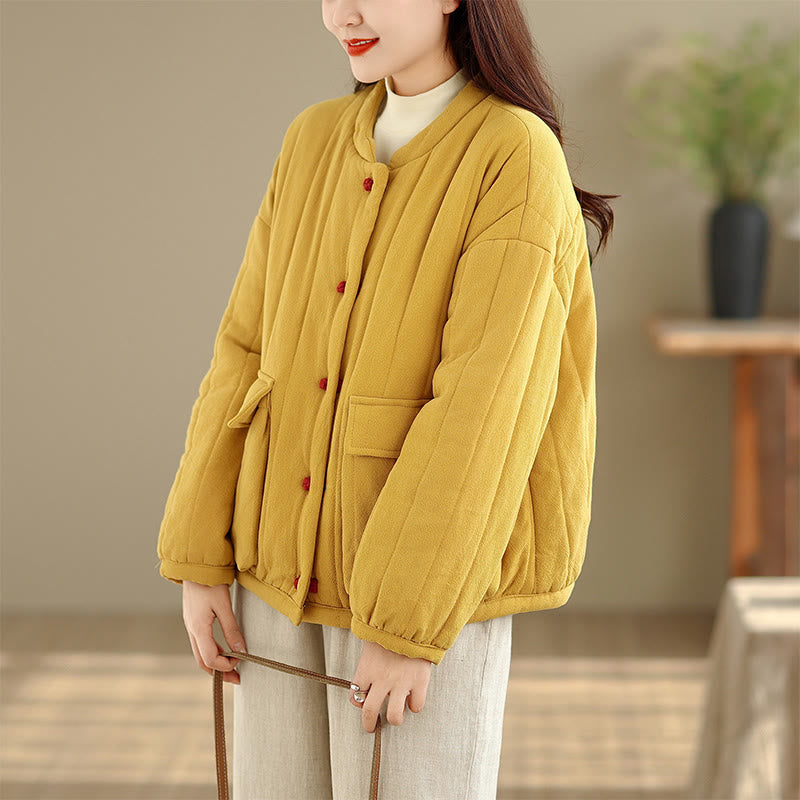 Frog-Button Striped Design Long Sleeve Thickened Cotton Women's Jacket With Pockets