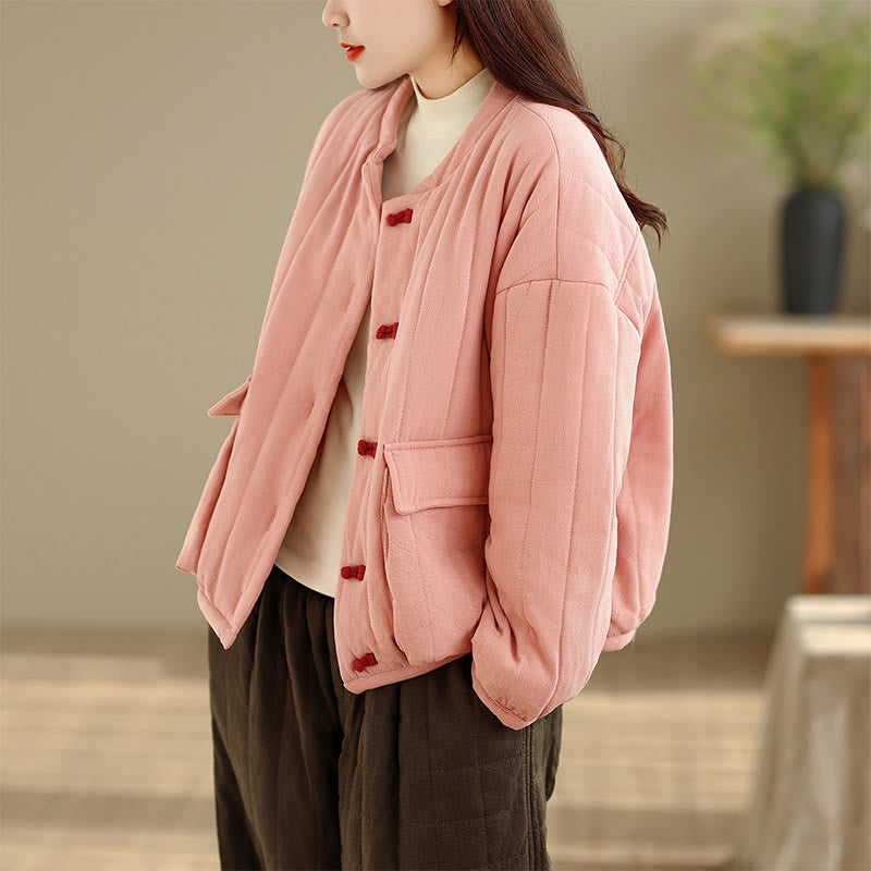 Frog-Button Striped Design Long Sleeve Thickened Cotton Women's Jacket With Pockets