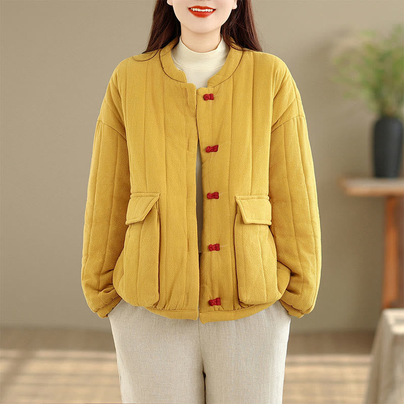 Frog-Button Striped Design Long Sleeve Thickened Cotton Women's Jacket With Pockets